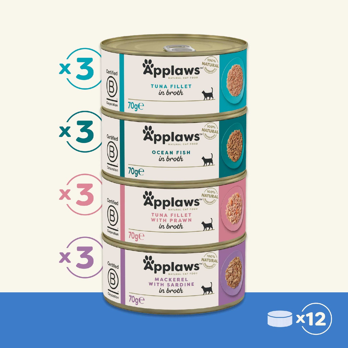 Applaws Adult Wet Cat Food in Broth - Fish Selection - 12x70g Cans