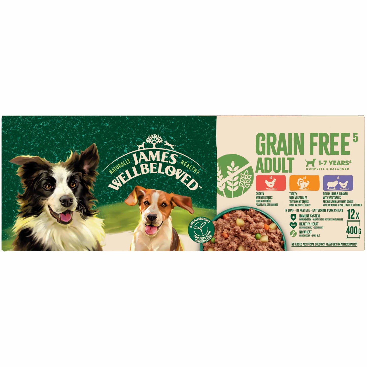 James Wellbeloved Grain Free Adult Wet Dog Food - Turkey, Lamb and Chicken in Loaf - 12x400g cans