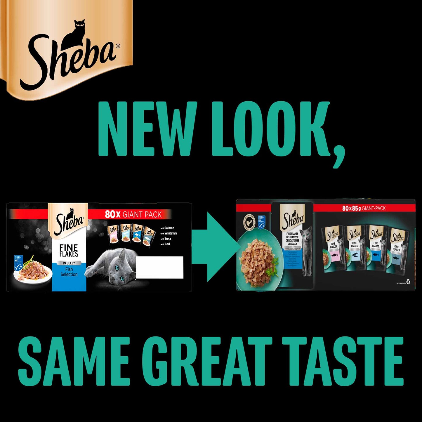 SHEBA Fine Flakes Adult Wet Cat Food in Jelly - Fish - 80x85g Pouches