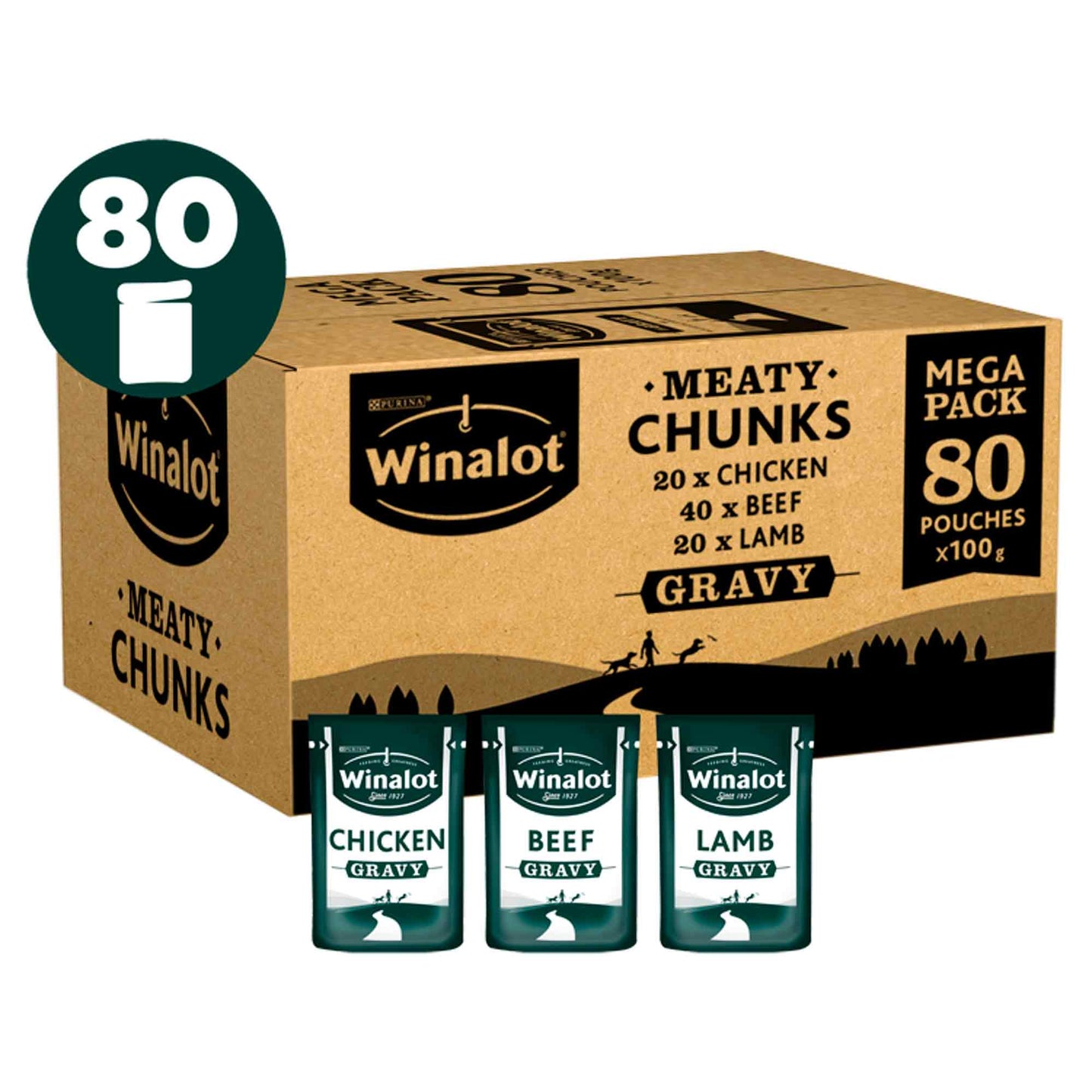 Winalot Meaty Chunks Adult Wet Dog Food in Gravy - Mixed - 80x100g Pouches