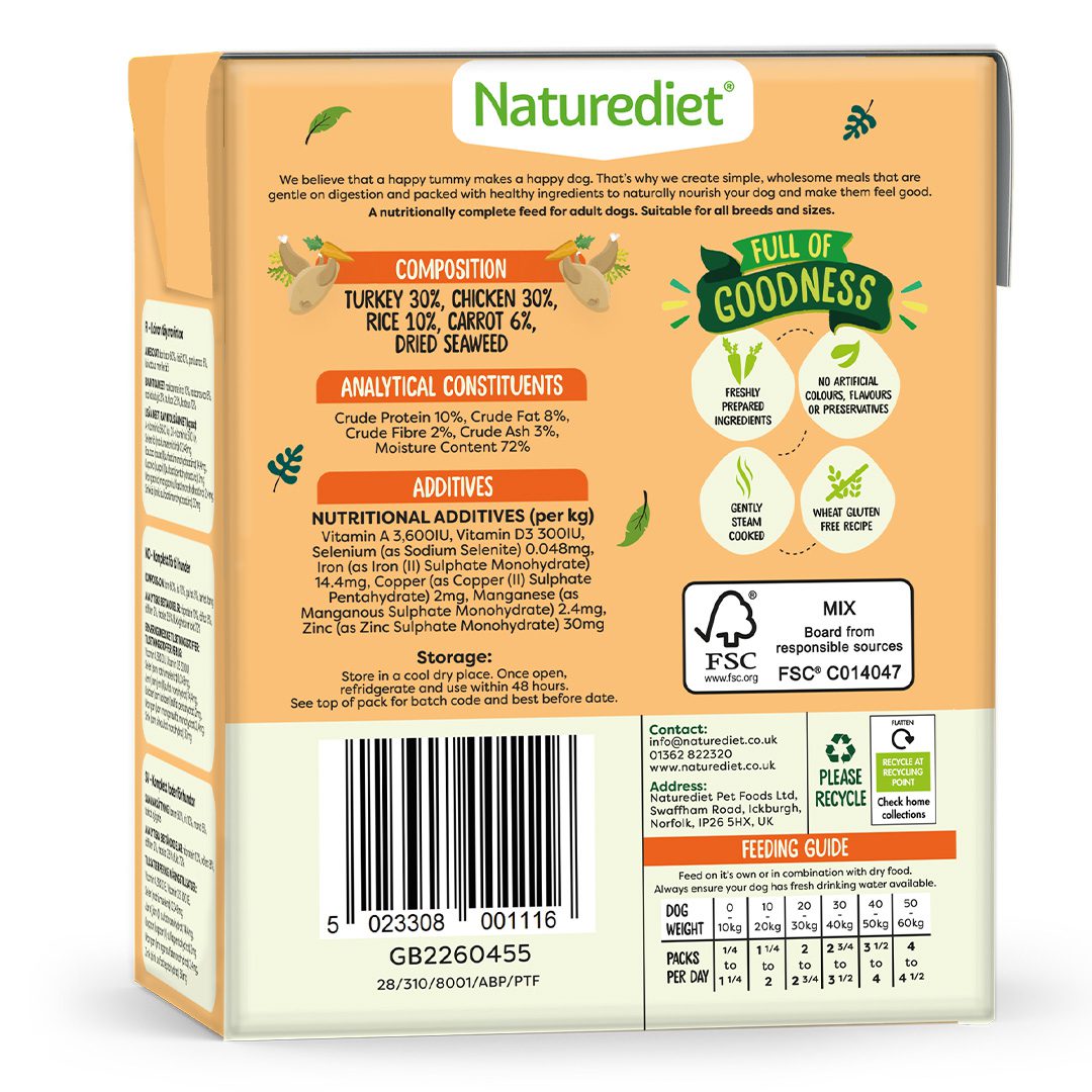 Naturediet Feel Good Adult Wet Dog Food - Turkey & Chicken - 18x390g Cartons