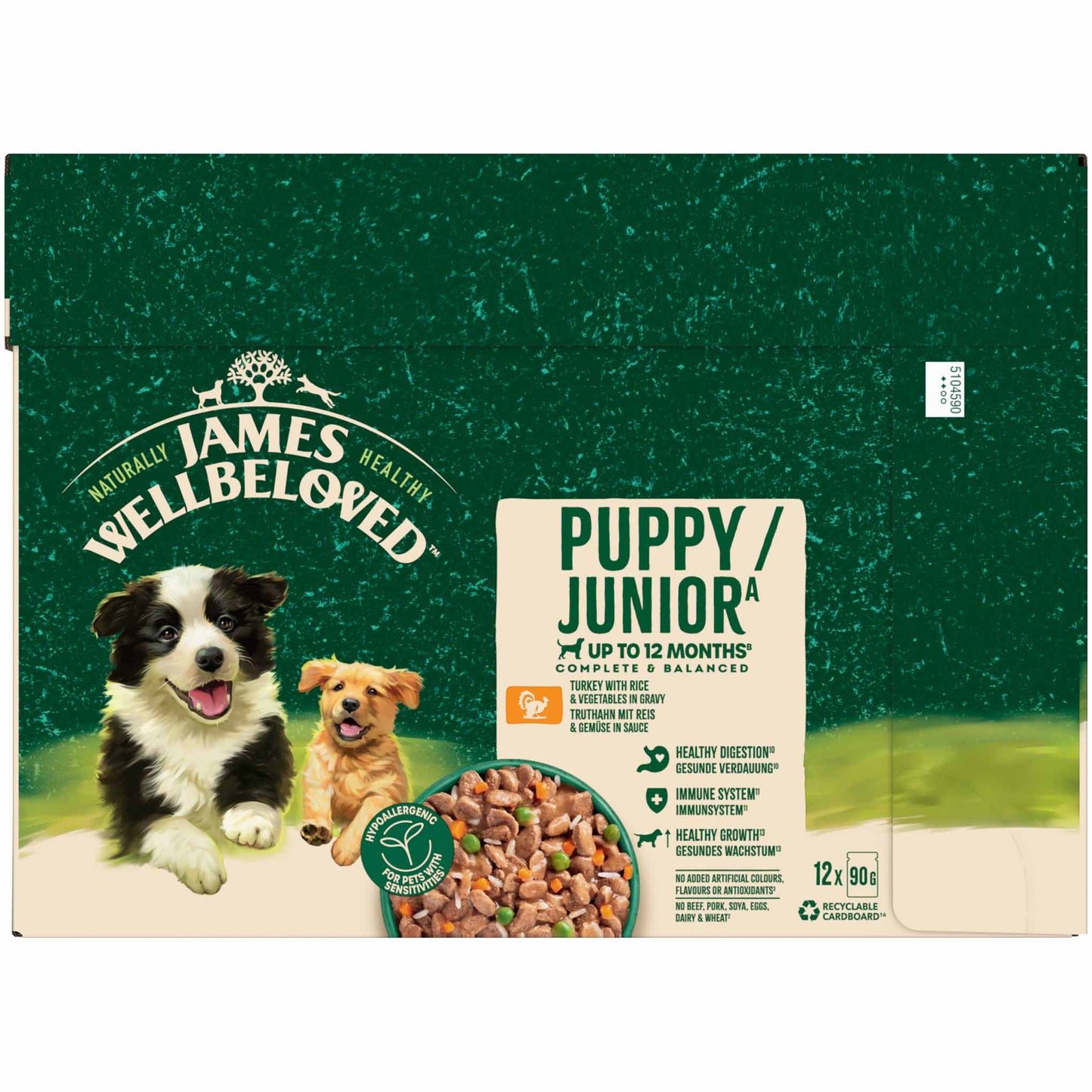 James Wellbeloved Puppy Wet Dog Food in Gravy - Turkey & Rice - 12x90g Pouches