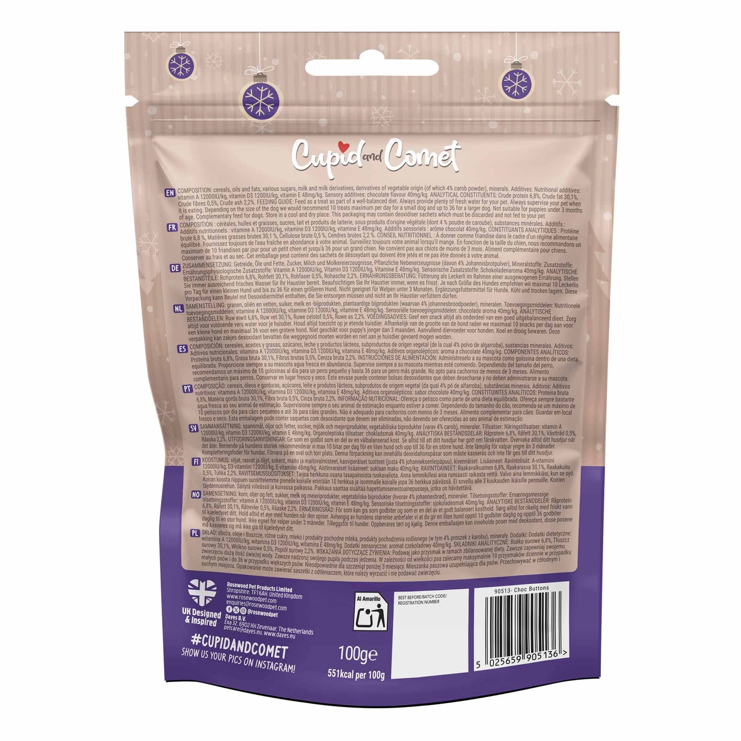 Rosewood Cupid & Comet Festive Choc Buttons Treats for Dogs - 150g