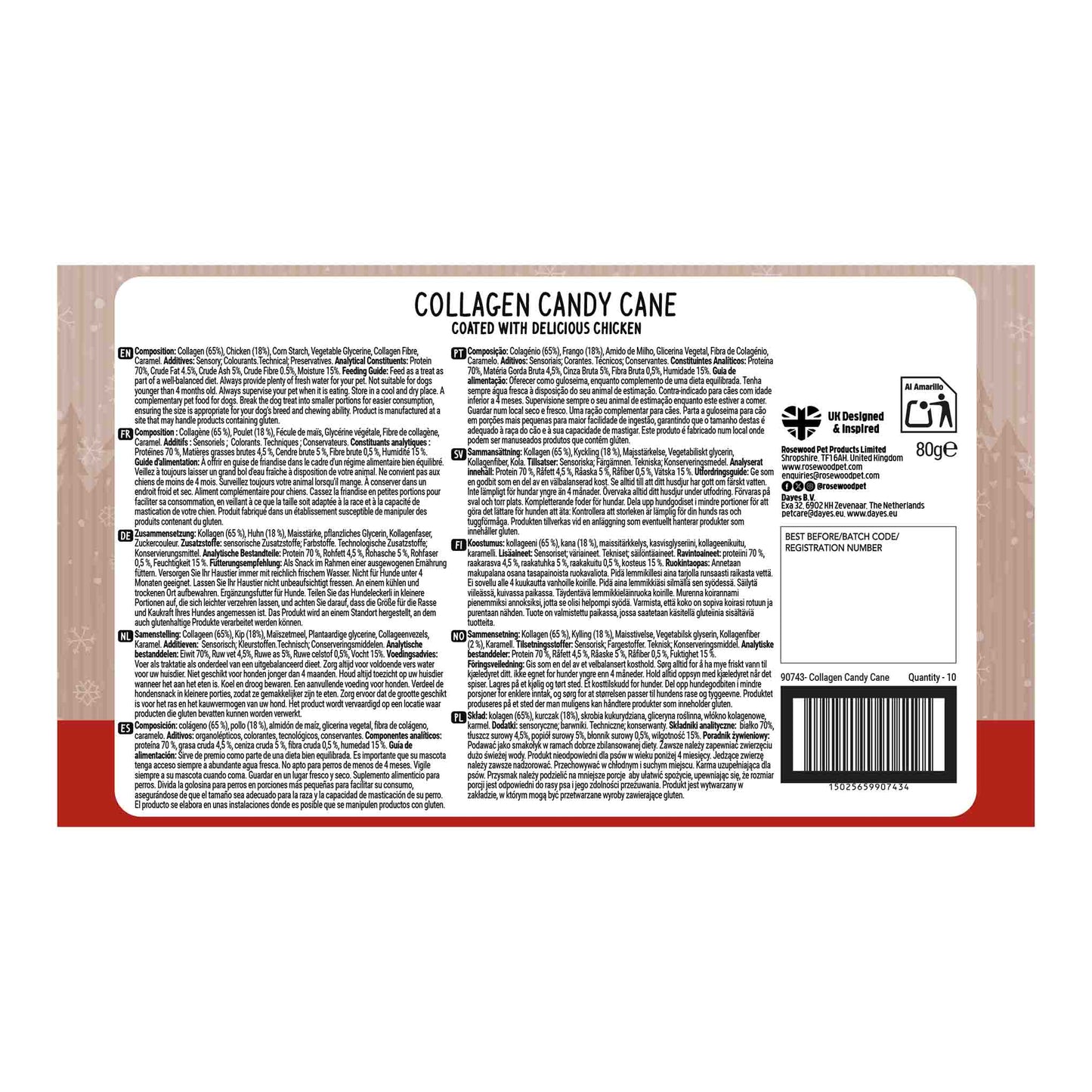 Rosewood Cupid & Comet Collagen Candy Cane Dog Treat - 80g