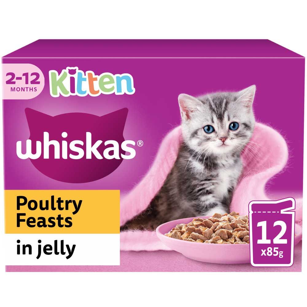 WHISKAS Kitten Wet Cat Food in Jelly - Poultry Feasts - 12x85g Pouches