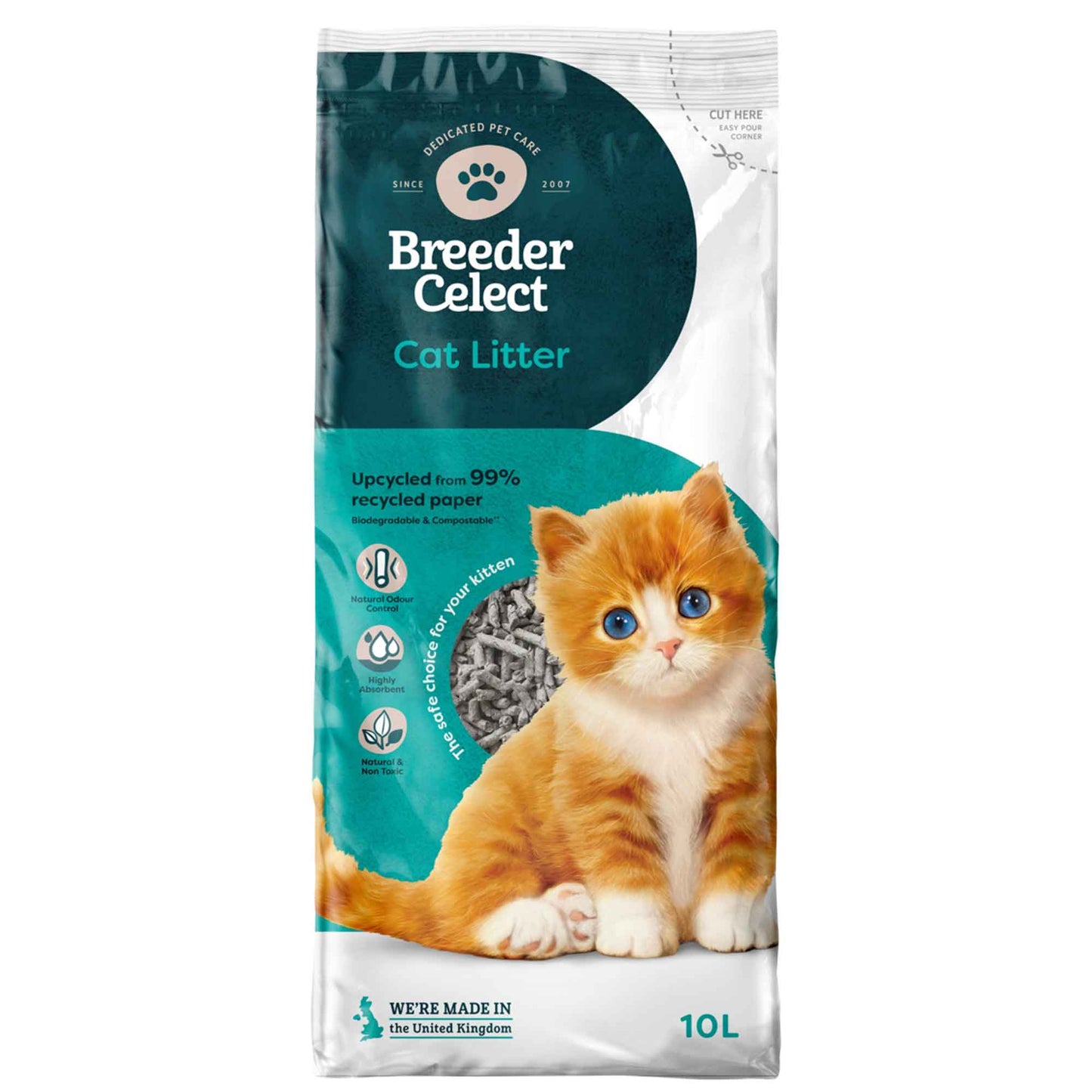 Breeder Celect Recycled Paper Cat Litter - 10Ltr