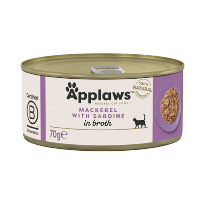 Applaws Adult Wet Cat Food Mackerel with Sardine in Broth - Tins 24x70g