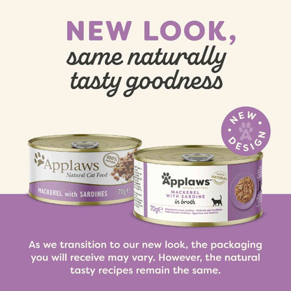 Applaws Adult Wet Cat Food Mackerel with Sardine in Broth - Tins 24x70g