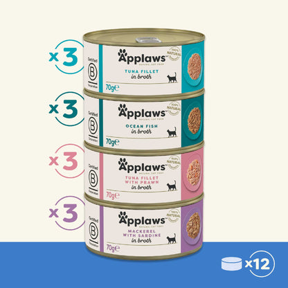 Applaws Adult Wet Cat Food in Broth - Fish Selection - 12x70g Cans