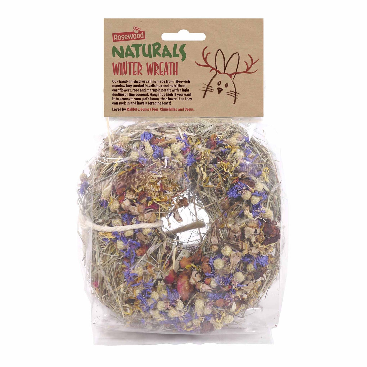 Rosewood Naturals Winter Flower 'n Hay Wreath Hanging Treat for Small Animals
