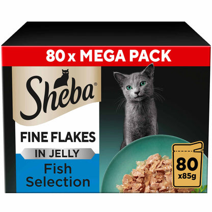 SHEBA Fine Flakes Adult Wet Cat Food in Jelly - Fish - 80x85g Pouches