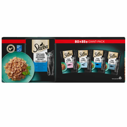 SHEBA Fine Flakes Adult Wet Cat Food in Jelly - Fish - 80x85g Pouches