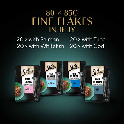 SHEBA Fine Flakes Adult Wet Cat Food in Jelly - Fish - 80x85g Pouches
