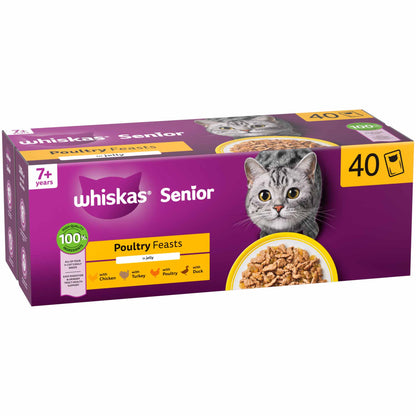 WHISKAS 7+ Senior Wet Cat Food in Jelly - Poultry Feasts - 40x85g Pouches