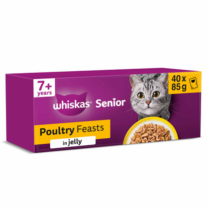 WHISKAS 7+ Senior Wet Cat Food in Jelly - Poultry Feasts - 40x85g Pouches