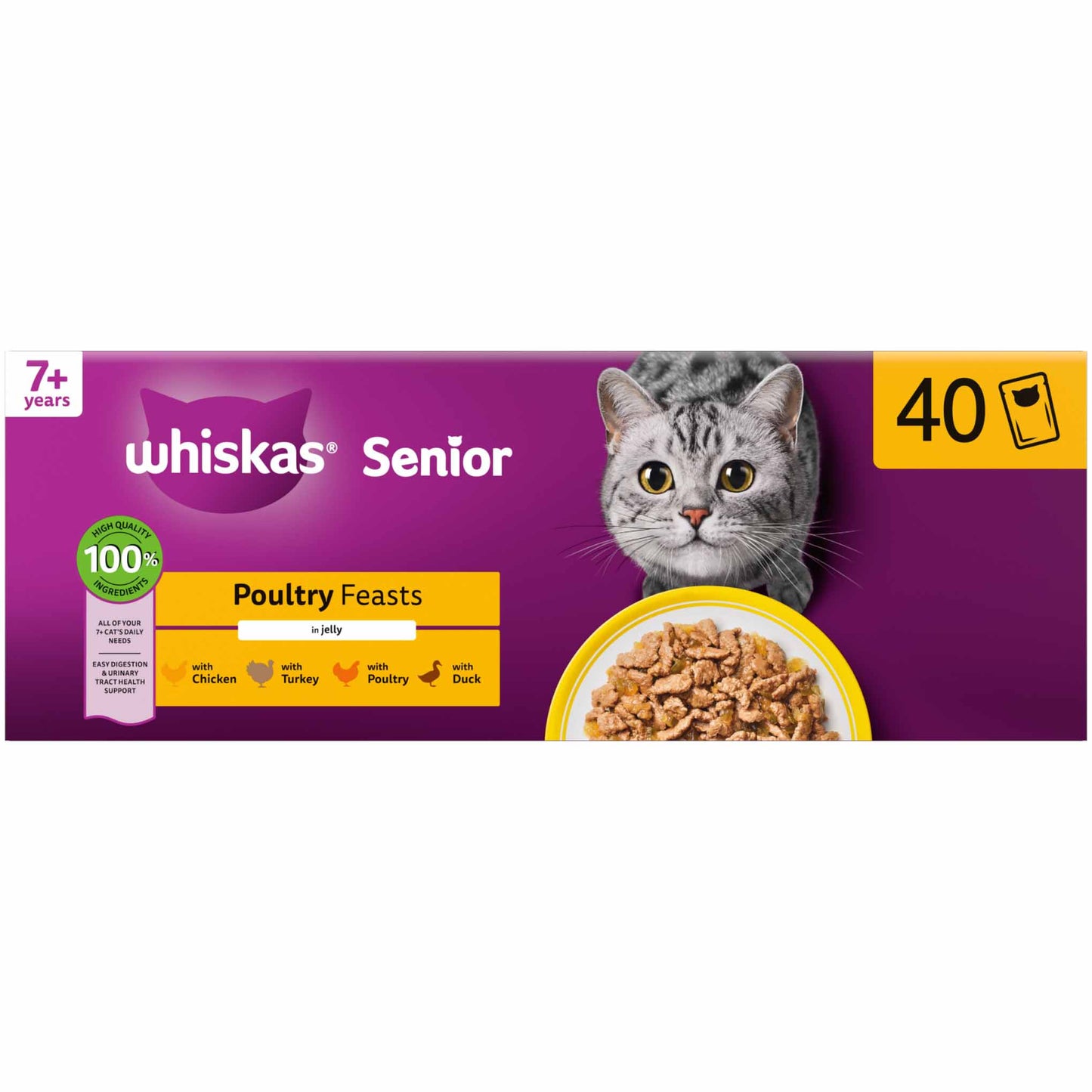 WHISKAS 7+ Senior Wet Cat Food in Jelly - Poultry Feasts - 40x85g Pouches