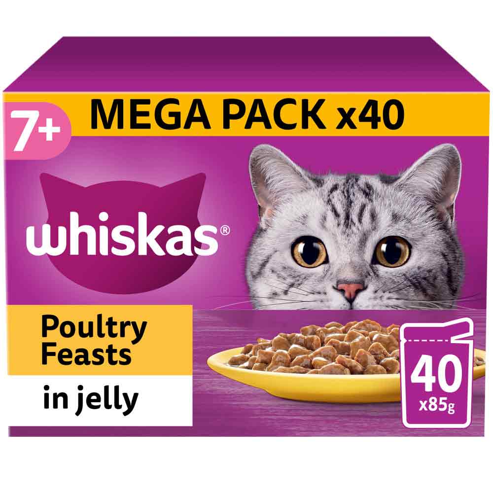 WHISKAS 7+ Senior Wet Cat Food in Jelly - Poultry Feasts - 40x85g Pouches