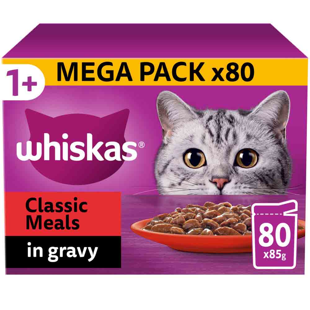 WHISKAS 1+ Adult Wet Cat Food in Gravy - Meaty Meals - 80x85g Pouches
