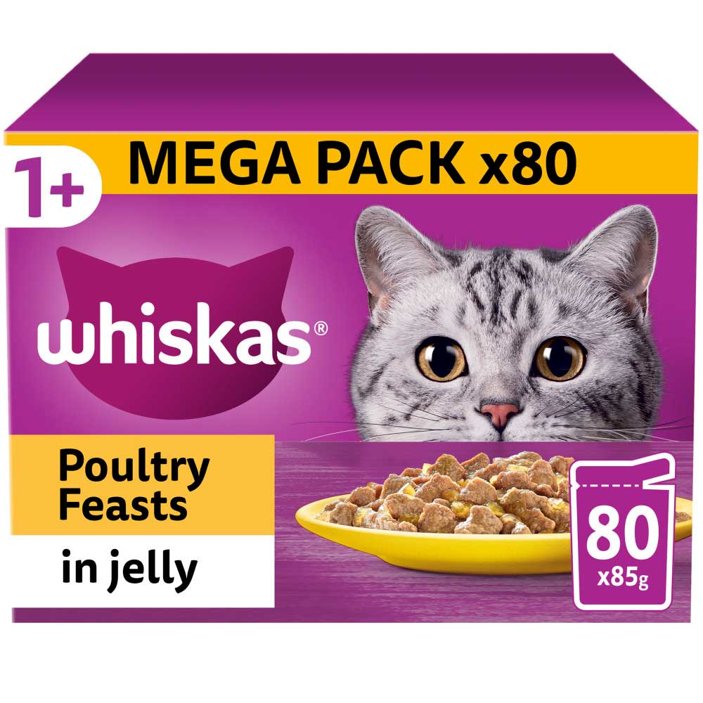 WHISKAS 1+ Adult Wet Cat Food in Jelly - Poultry Feasts - 80x85g Pouches