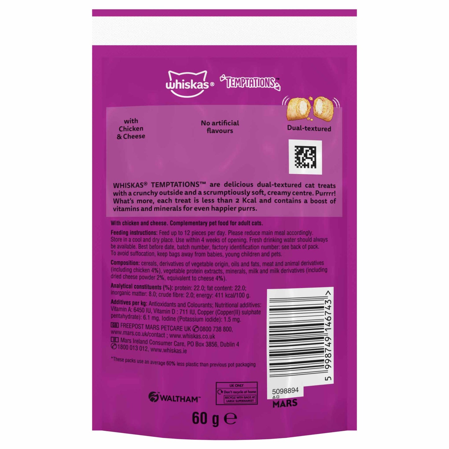 Whiskas Temptations Cat Treats - Chicken & Cheese - 60g