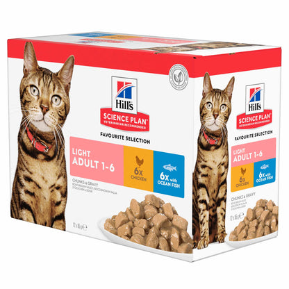 Hills Science Plan Light Adult Wet Cat Food - Favourite Selection - 12 x 85g Pouches