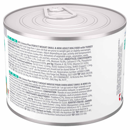 Hills Science Plan Adult Small & Mini Perfect Weight Wet Dog Food - Turkey - 12x200g Cans