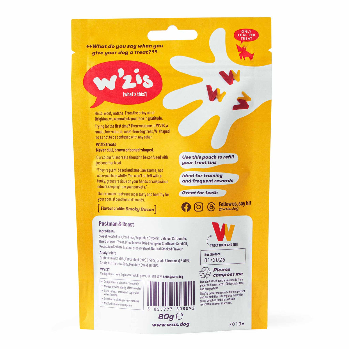 W'ZIS Postman & Roast 1-Calorie Dog Treat Pouch -Smoky Flavour 80g