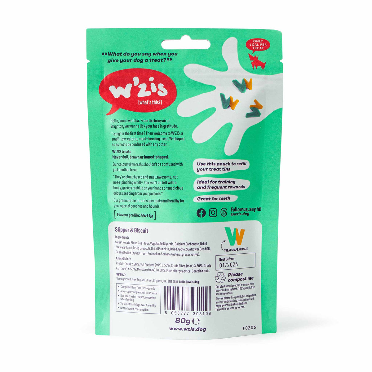 W'ZIS Slipper & Biscuit 1-Calorie Dog Treat Pouch - Nutty Flavour 80g