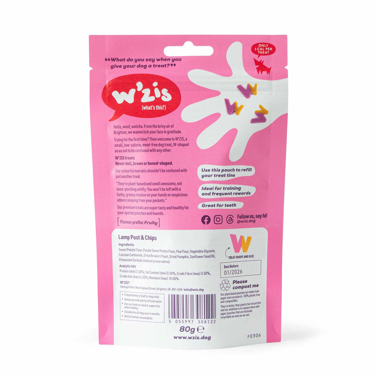 W'ZIS Lamp Post & Chips 1-Calorie Dog Treat Pouch - Fruity Flavour 80g