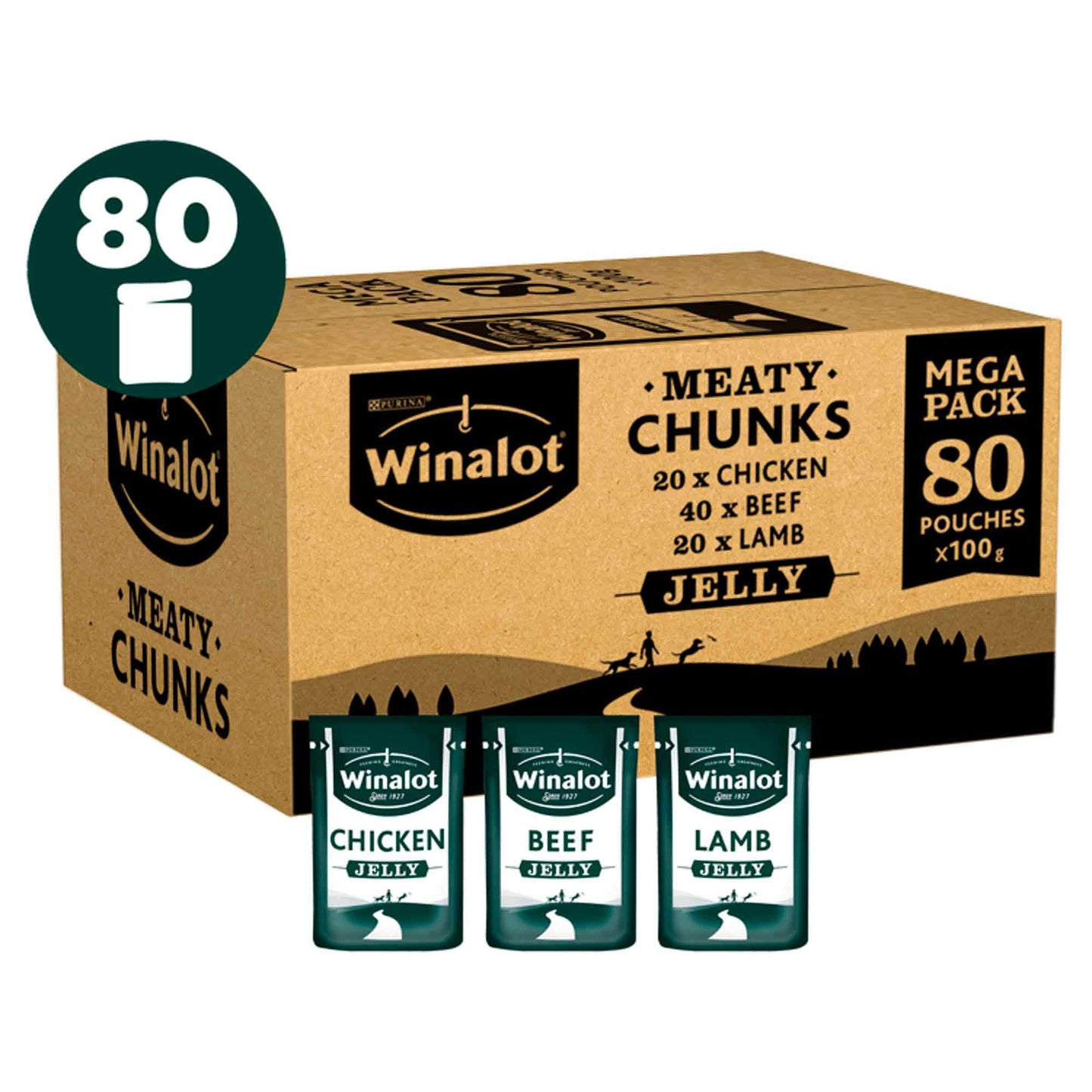 Winalot Meaty Chunks Adult Wet Dog Food in Jelly - Mixed - 80x100g Pouches