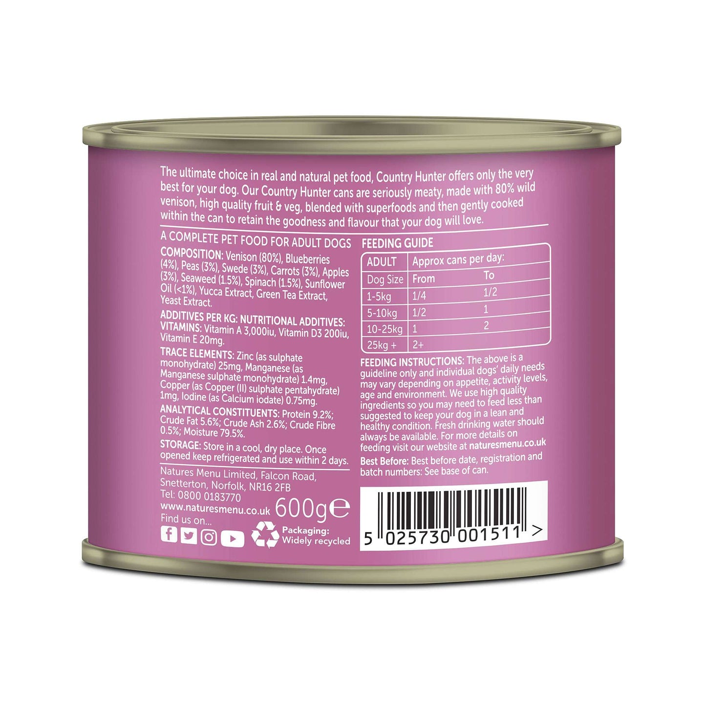 Country Hunter Adult Wet Dog Food - Wild Venison - 6x600g Cans