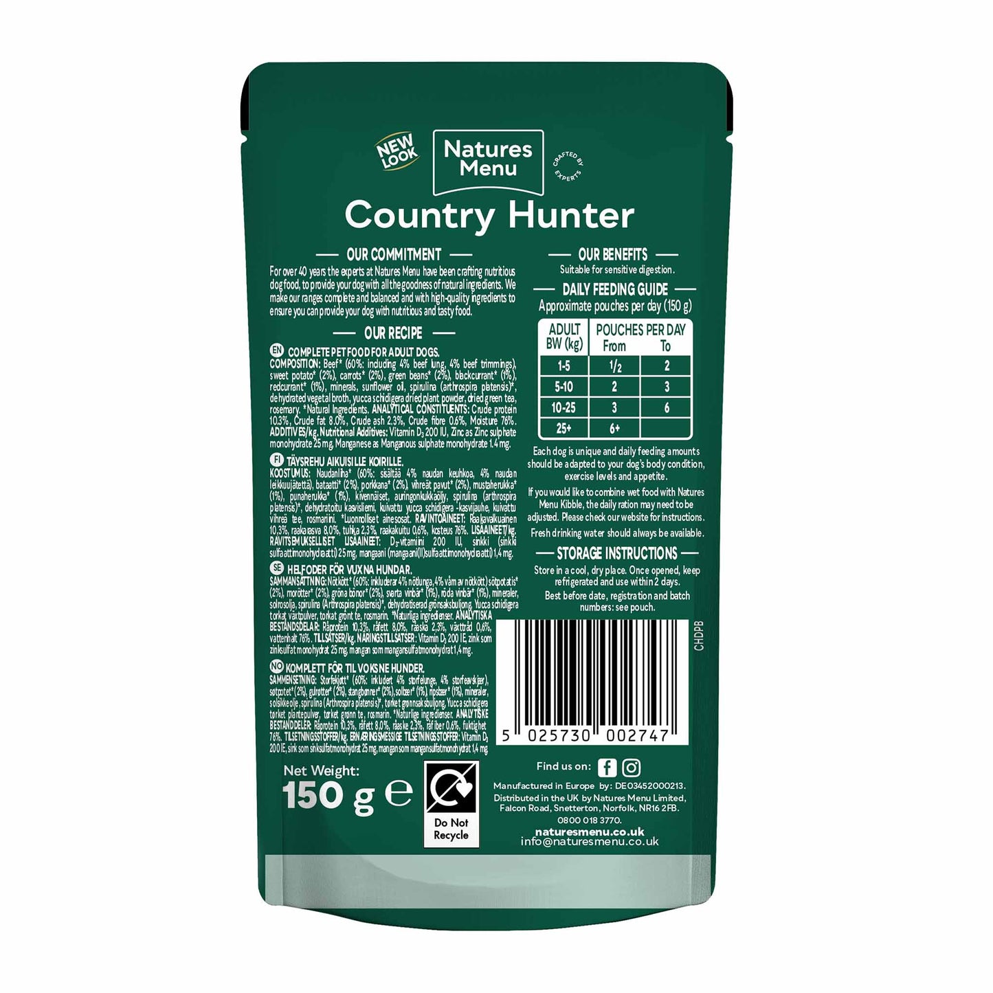 Country Hunter Adult Wet Dog Food - Grass-Fed Beef - 6x150g Pouches