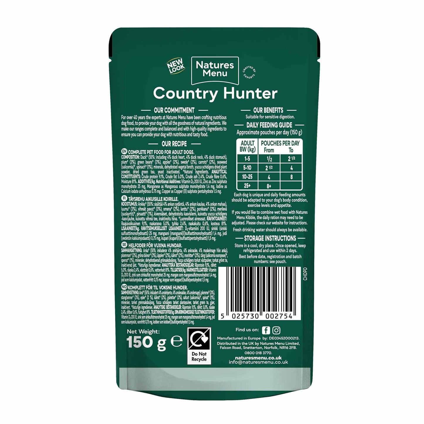 Country Hunter Adult Wet Dog Food - Duck - 6x150g Pouches