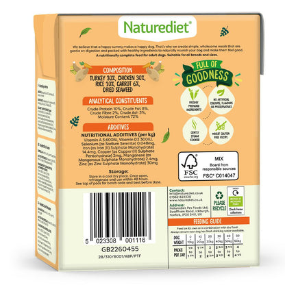 Naturediet Feel Good Adult Wet Dog Food - Turkey & Chicken - 18x390g Cartons
