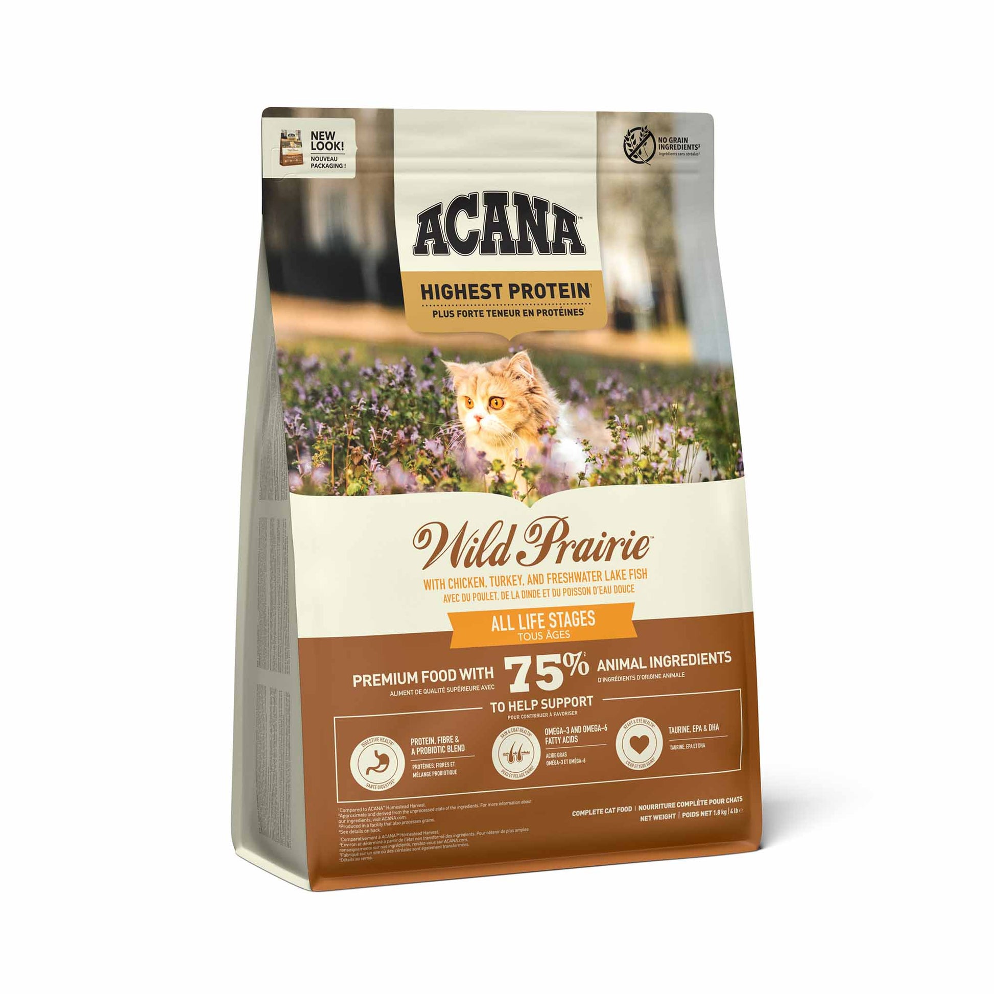 Acana Acana Grain Free Wild Prairie Chicken Herring Trout Turkey Whitefish Adult Dry Cat Food pet food packaging