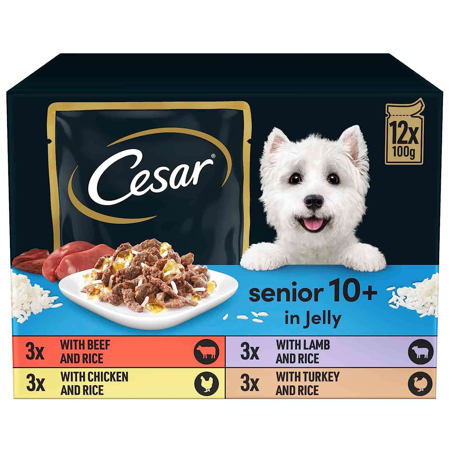 Cesar Cesar Deliciously Beef Chicken Lamb Turkey Senior Wet Dog Food pet food packaging