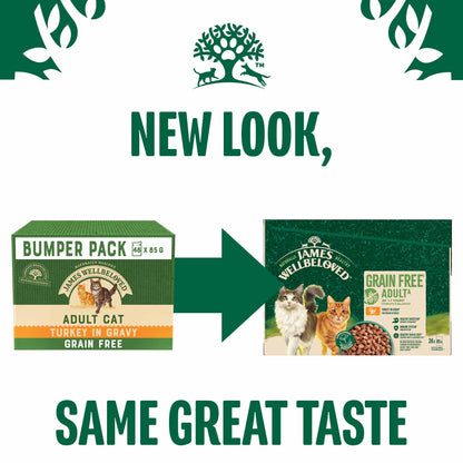 James Wellbeloved Adult Grain Free Wet Cat Food in Gravy - Turkey - 24x85g Pouches BUMPER PACK