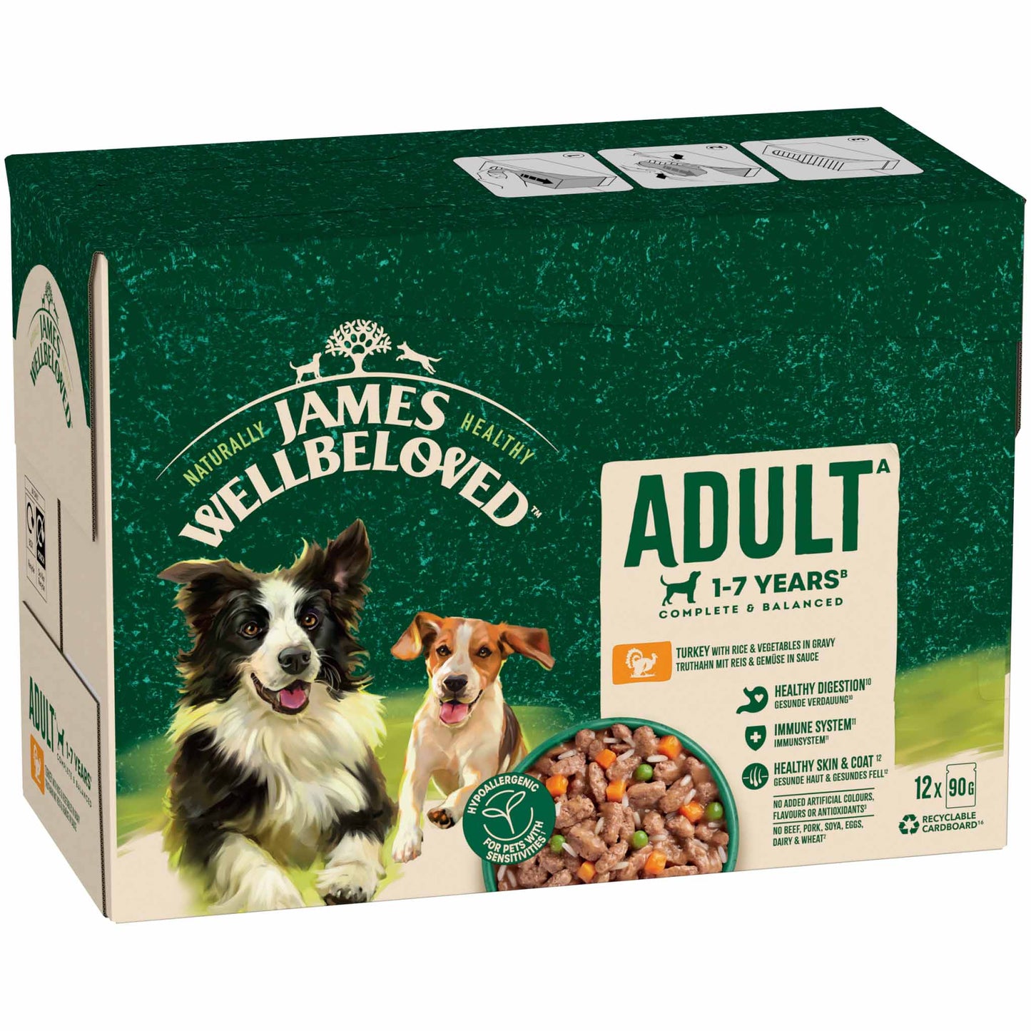 James Wellbeloved Adult Wet Dog Food in Gravy - Turkey & Rice - 12x90g Pouches