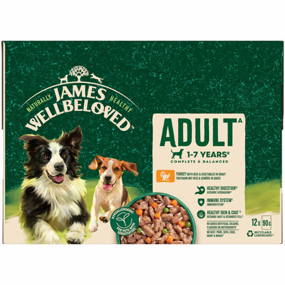 James Wellbeloved Adult Wet Dog Food in Gravy - Turkey & Rice - 12x90g Pouches