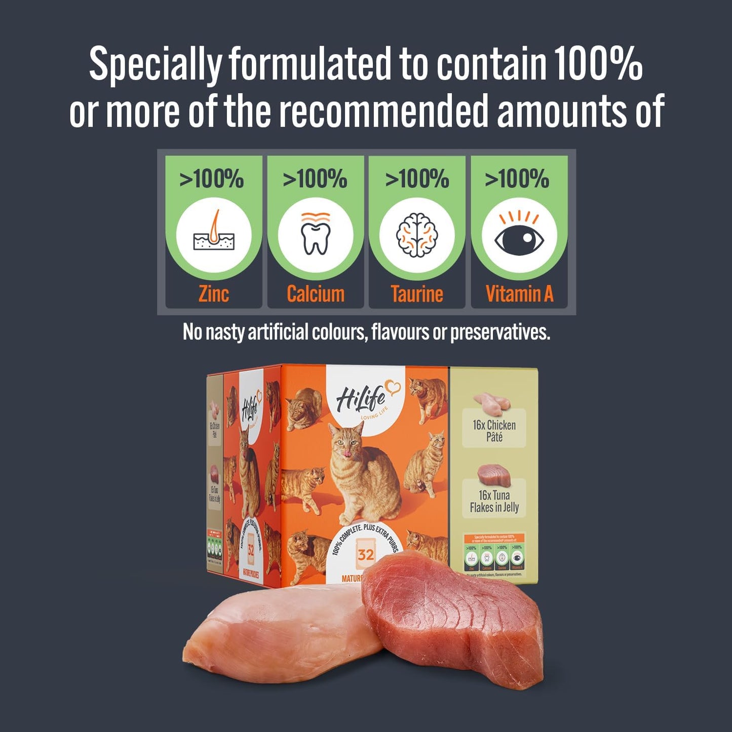 HiLife Mature Wet Cat Food - Chicken Pate & Tuna in Jelly - 32x70g Pouches