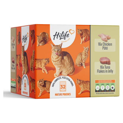 HiLife Mature Wet Cat Food - Chicken Pate & Tuna in Jelly - 32x70g Pouches