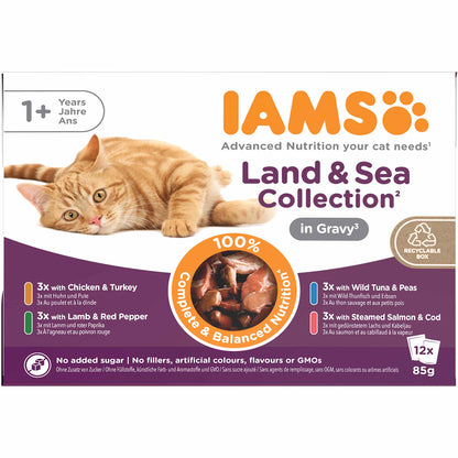 Iams Adult Wet Cat Food in Gravy - Land & Sea Collection - 12x85g Pouches
