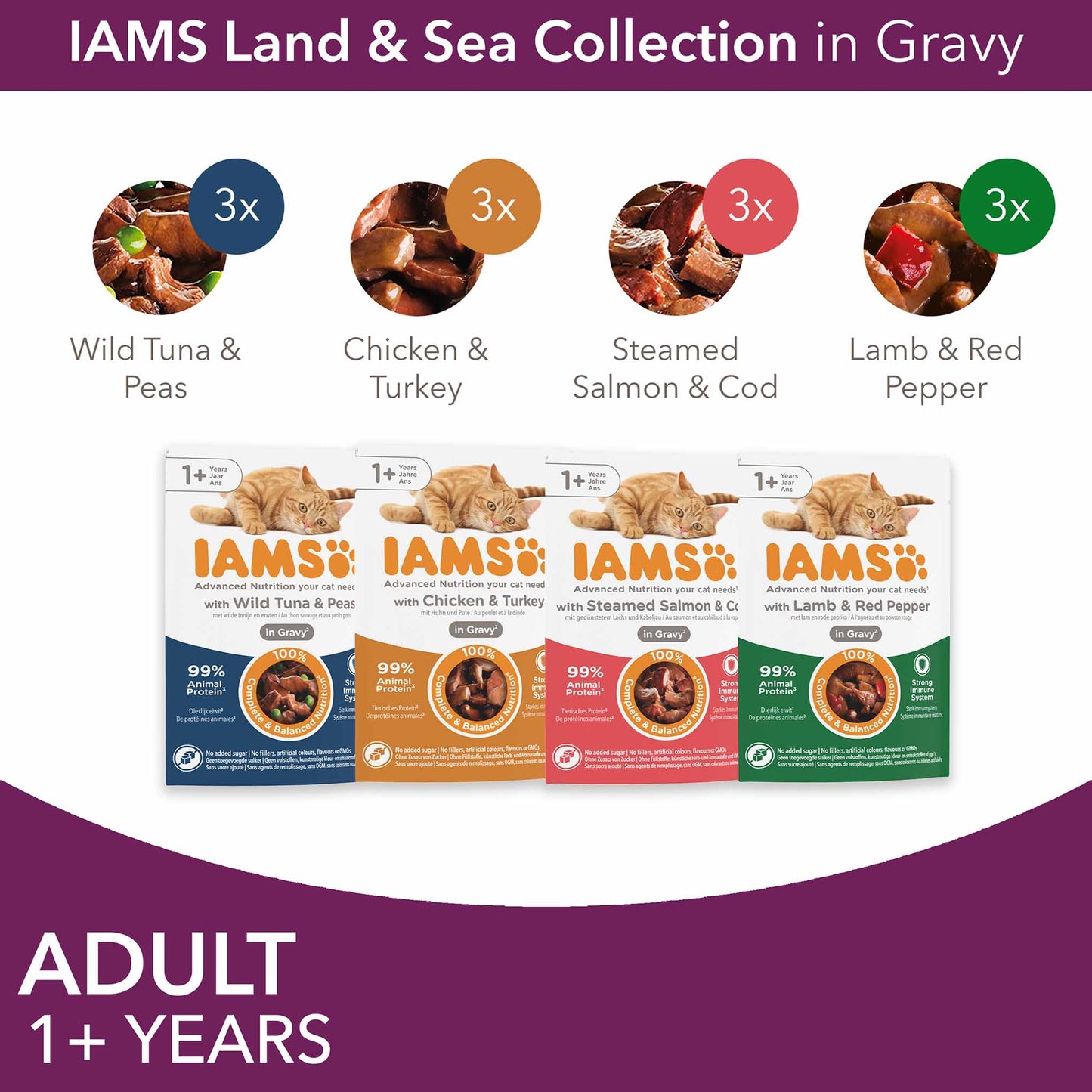 Iams Adult Wet Cat Food in Gravy - Land & Sea Collection - 12x85g Pouches