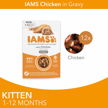Iams Kitten Wet Cat Food in Gravy - Chicken - 12x85g Pouches