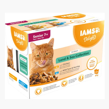 Iams Senior Wet Cat Food in Gravy - Land & Sea Collection - 12x85g Pouches