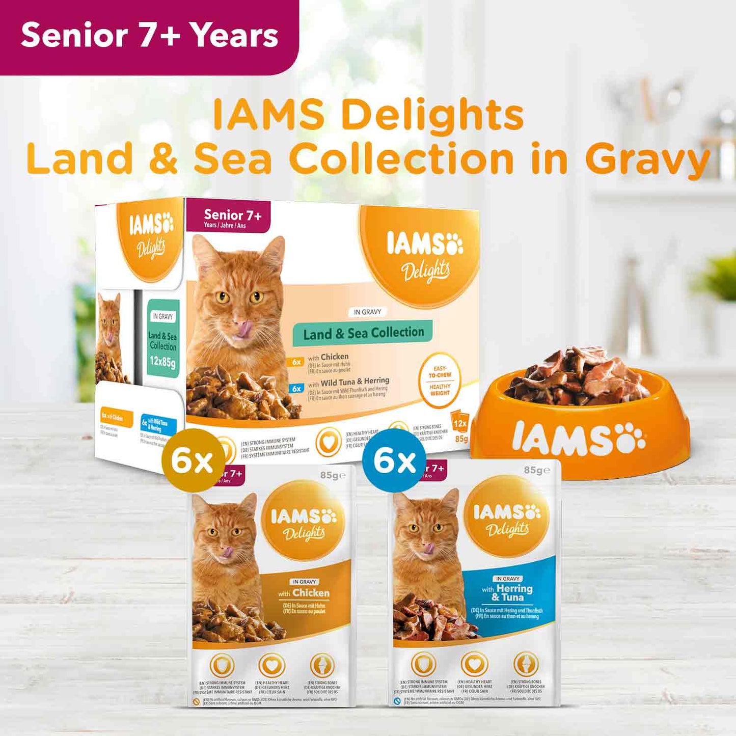 Iams Senior Wet Cat Food in Gravy - Land & Sea Collection - 12x85g Pouches
