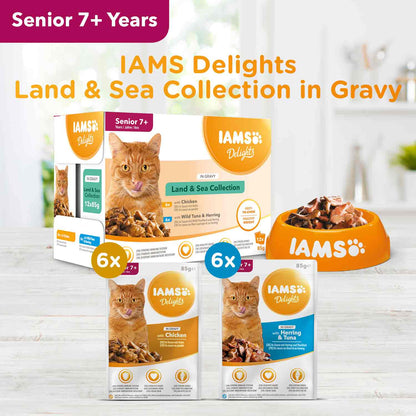 Iams Senior Wet Cat Food in Gravy - Land & Sea Collection - 12x85g Pouches