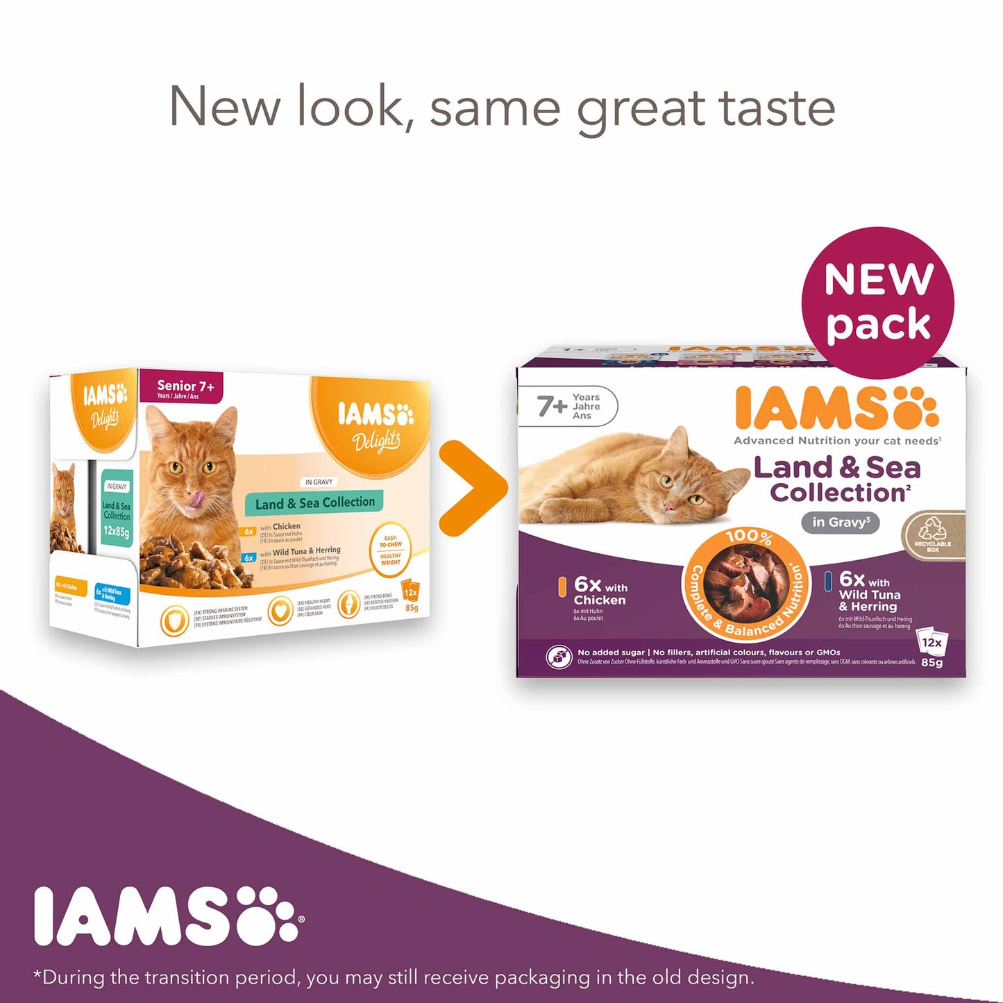 Iams Senior Wet Cat Food in Gravy - Land & Sea Collection - 8x85g Pouches