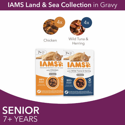 Iams Senior Wet Cat Food in Gravy - Land & Sea Collection - 8x85g Pouches