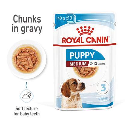 Royal Canin Size Health Nutrition Medium Puppy Wet Dog Food in Gravy - 10x140g Pouches